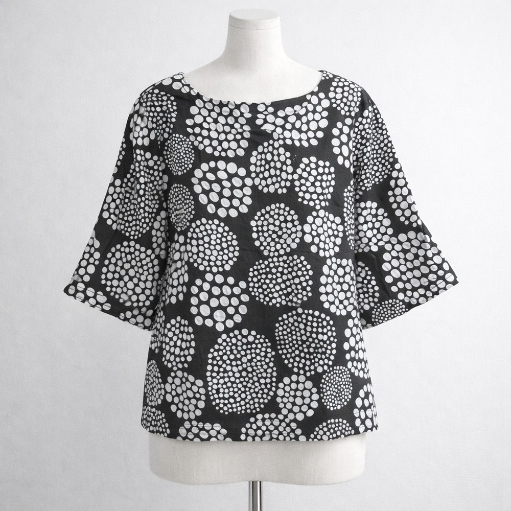Marimekko Blouse Size 36 Dark Gray & White Geometric Print Modern Whimsical Art
